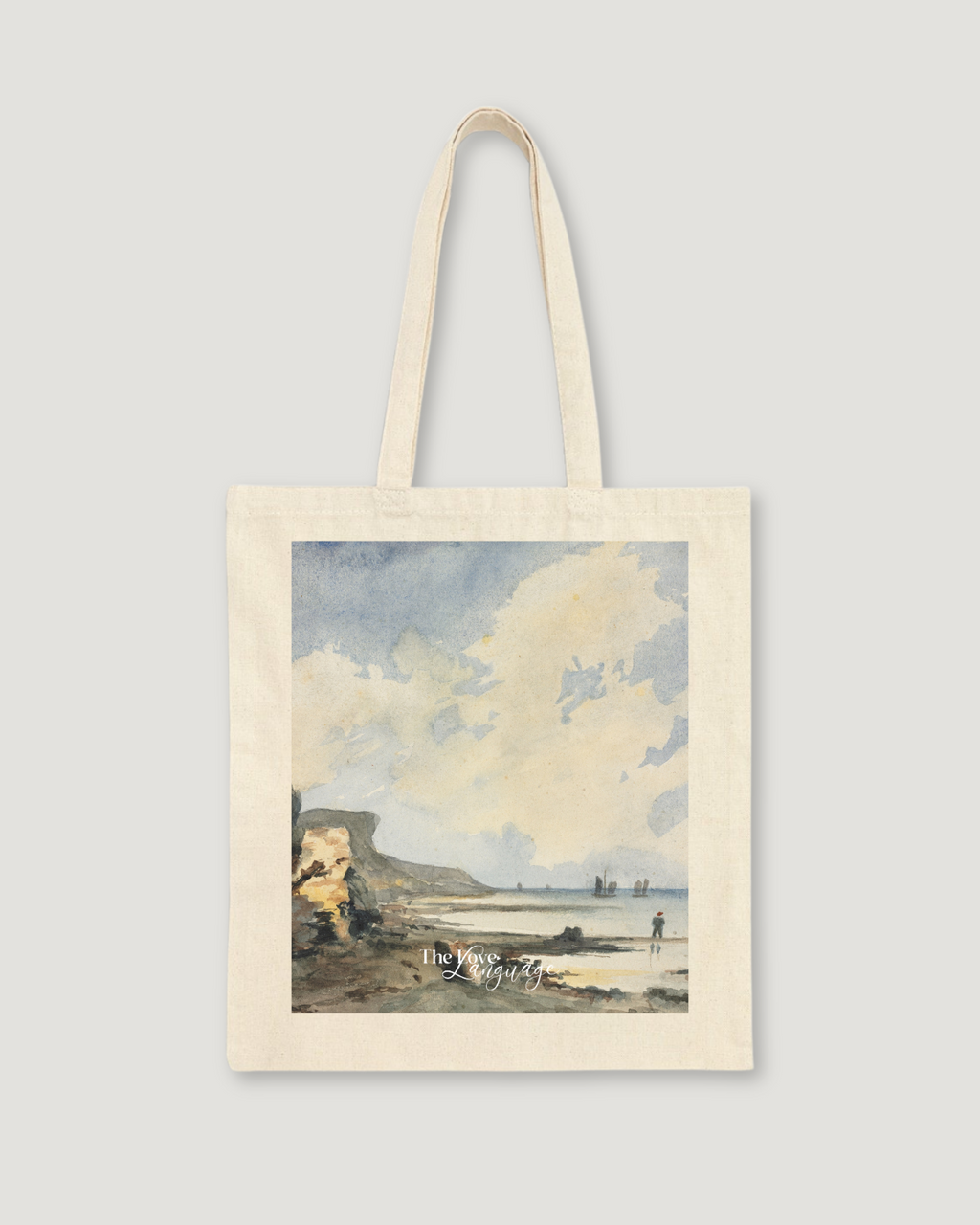 Natural canvas tote bag with classic coastal seascape watercolour painting print by The Love Language Pakistan