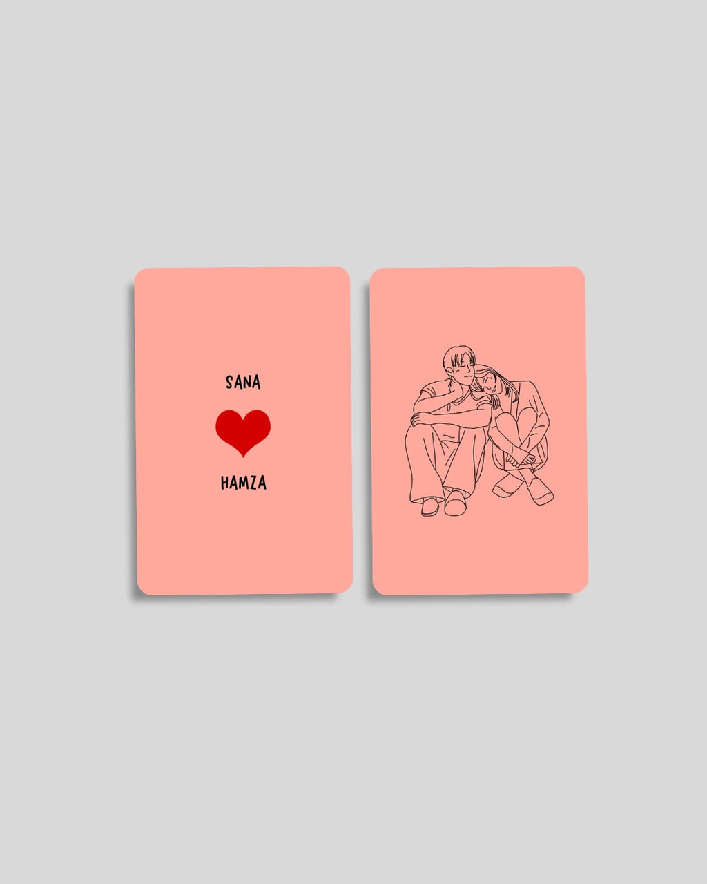 Illustrated couple wallet card with names and heart — romantic gift, Pakistan