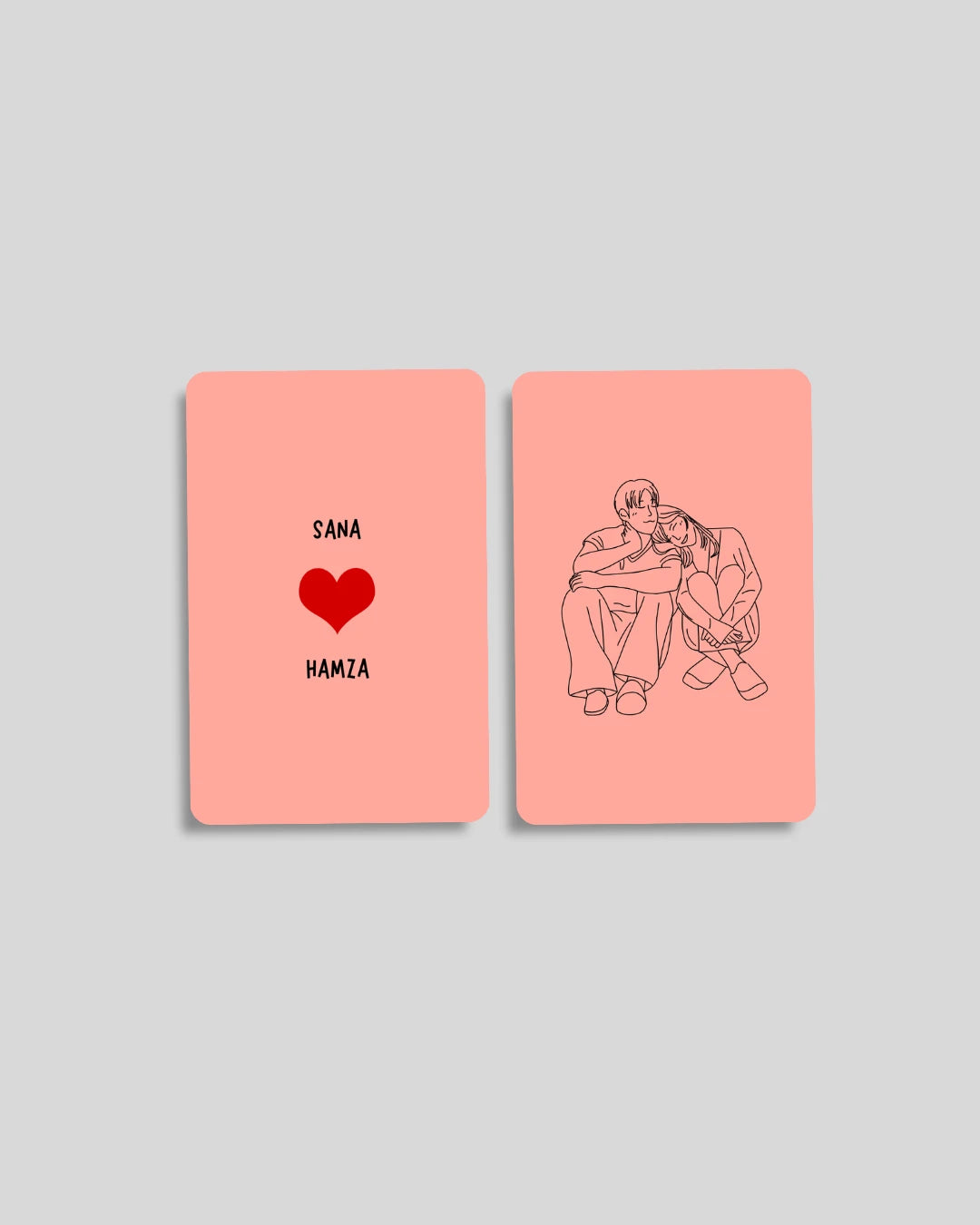 Illustrated couple wallet card with names and heart — romantic gift, Pakistan