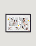 Daisy LOVE collage horizontal photo frame Pakistan — white background with LOVE letter overlay and 6 couple photos