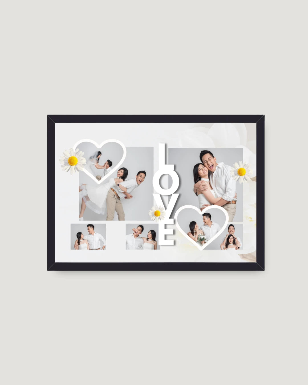 Daisy LOVE collage horizontal photo frame Pakistan — white background with LOVE letter overlay and 6 couple photos