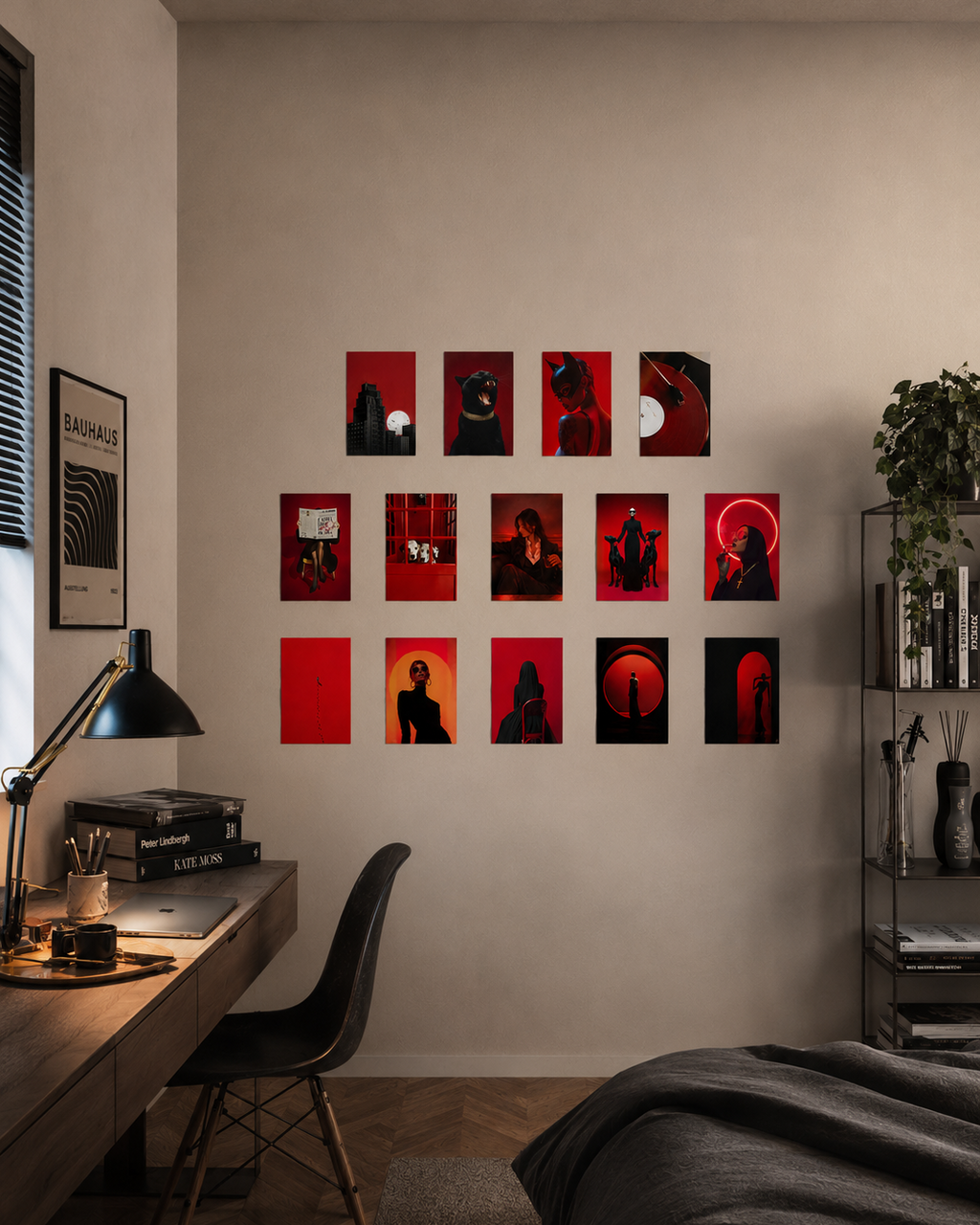 A gallery-style arrangement of 14 dark aesthetic art posters dominated by deep red and black tones, featuring moody, surreal illustrations of silhouettes, animals, and figures with a dramatic, cinematic atmosphere.