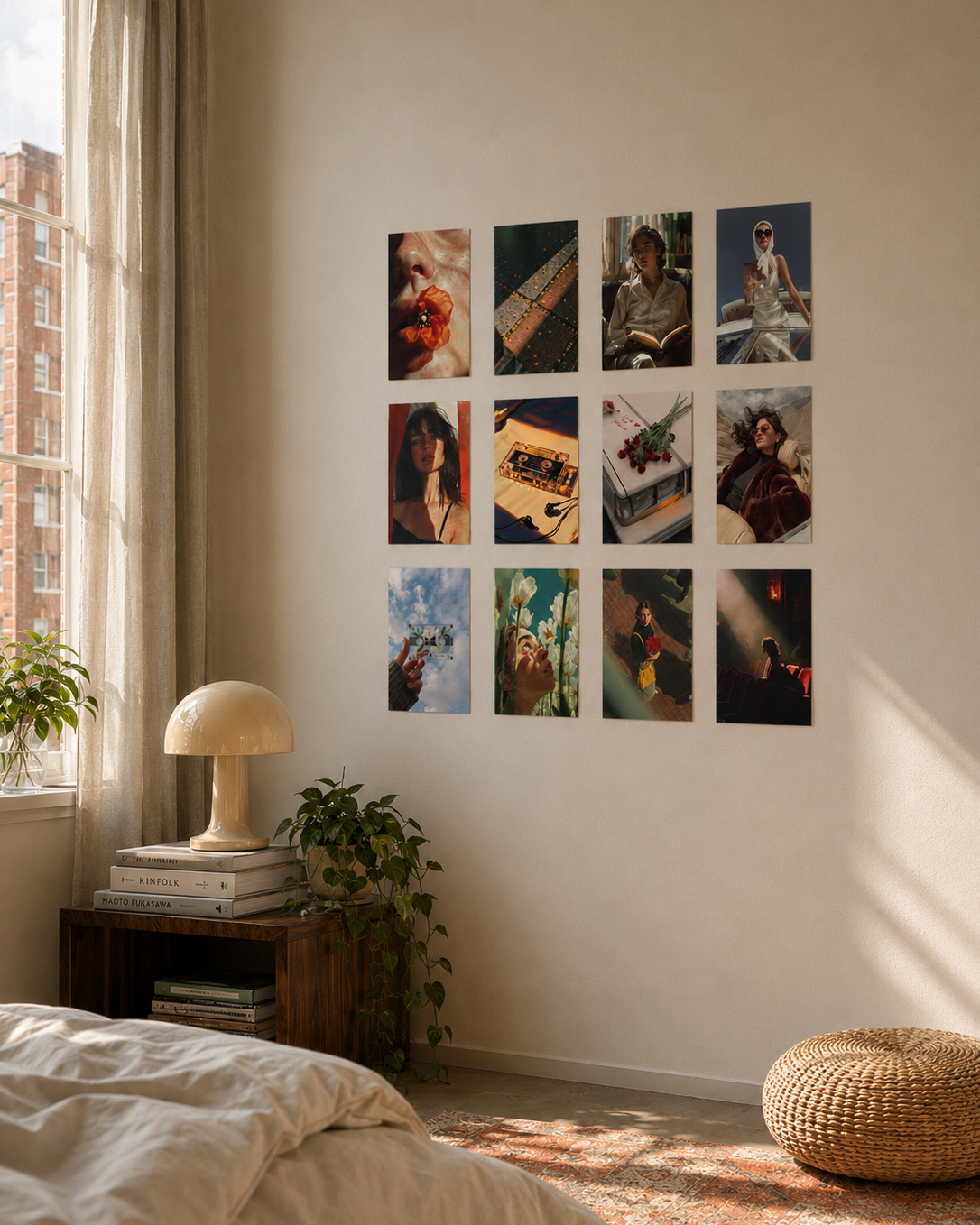 Wall with framed pictures in a bedroom setting