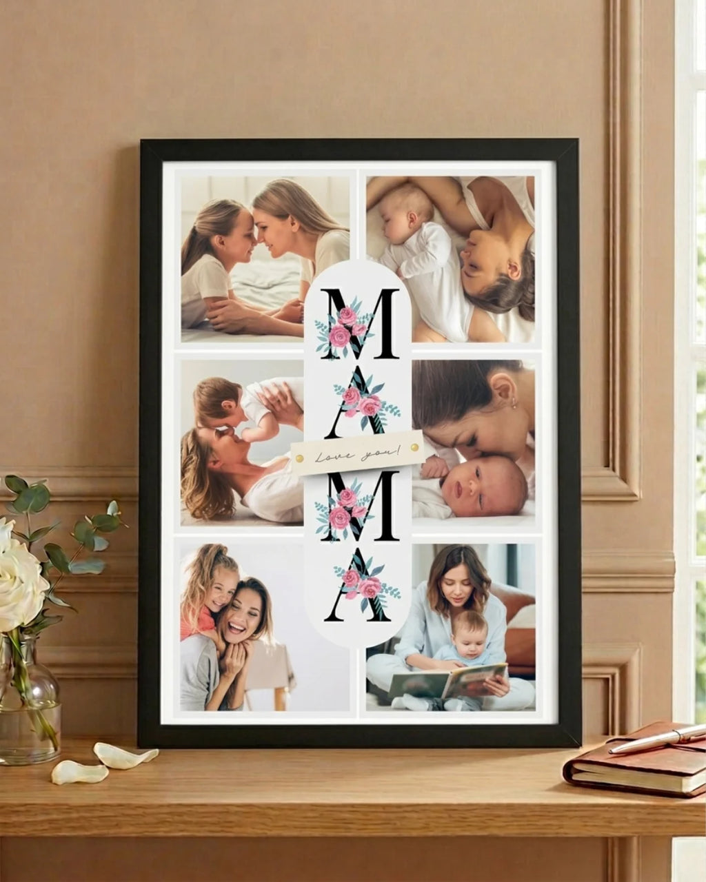 Framed photo collage with 'MAMA' text on a wooden surface.