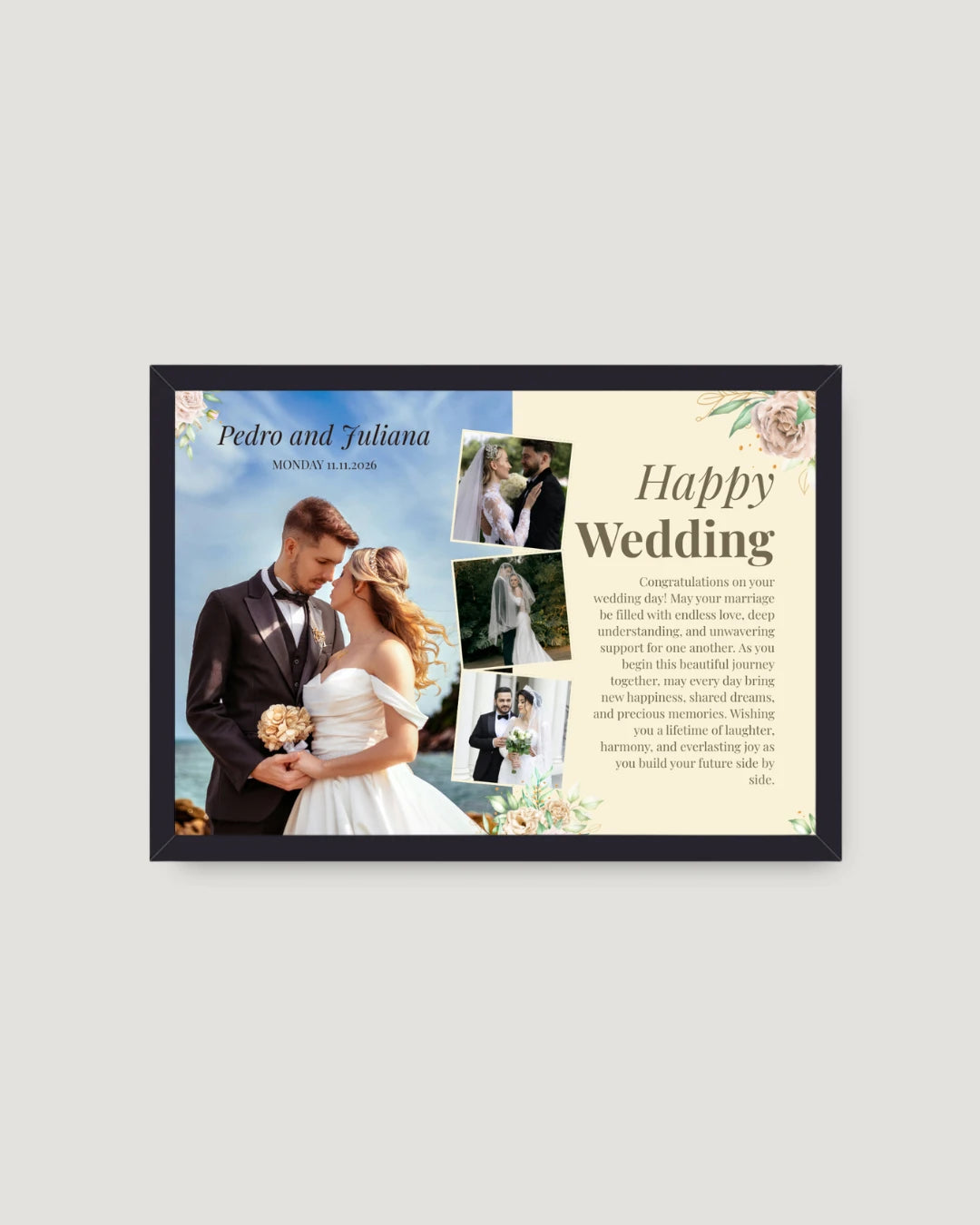 Floral split wedding horizontal photo frame Pakistan — large wedding photo with small gallery and cream floral background