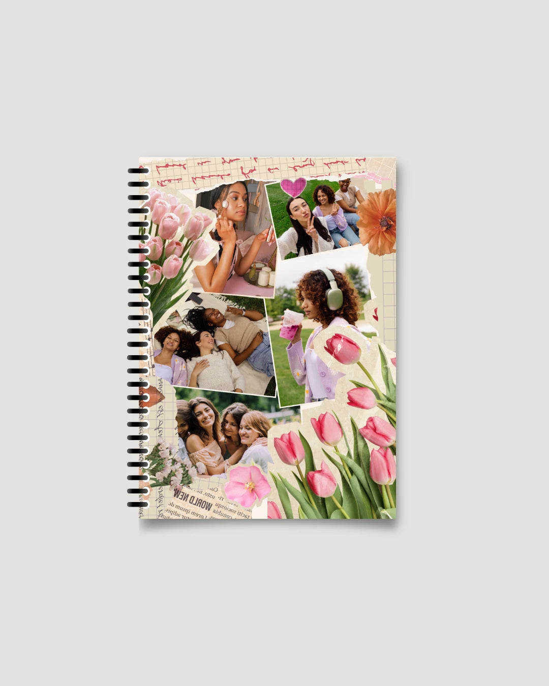 Floral scrapbook-style photo collage cover — friendship photo notebook gift, Pakistan