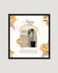 Golden floral arch anniversary photo frame with couple under arch — yellow watercolour flowers Pakistan