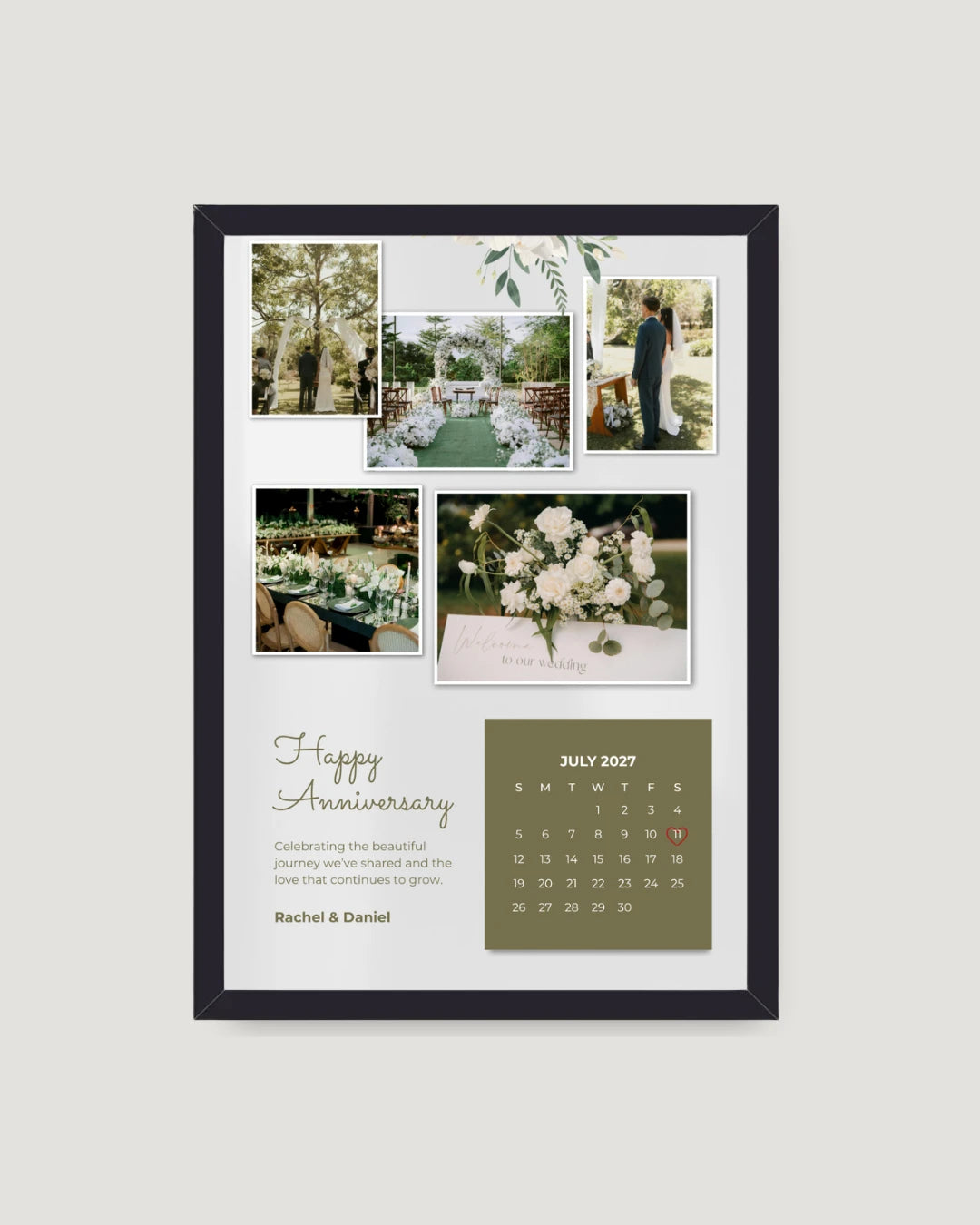Green garden wedding calendar vertical photo frame Pakistan — 5 photos with botanical accents and anniversary calendar