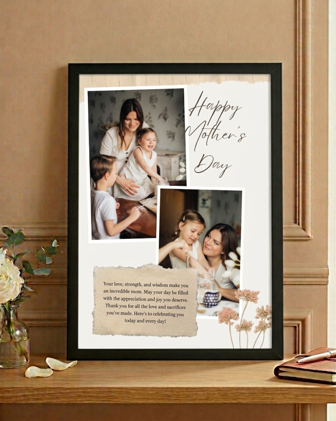 Happy Mother's Day botanical polaroid scatter personalised photo frame with torn paper dedication and dried flowers by The Love Language Pakistan