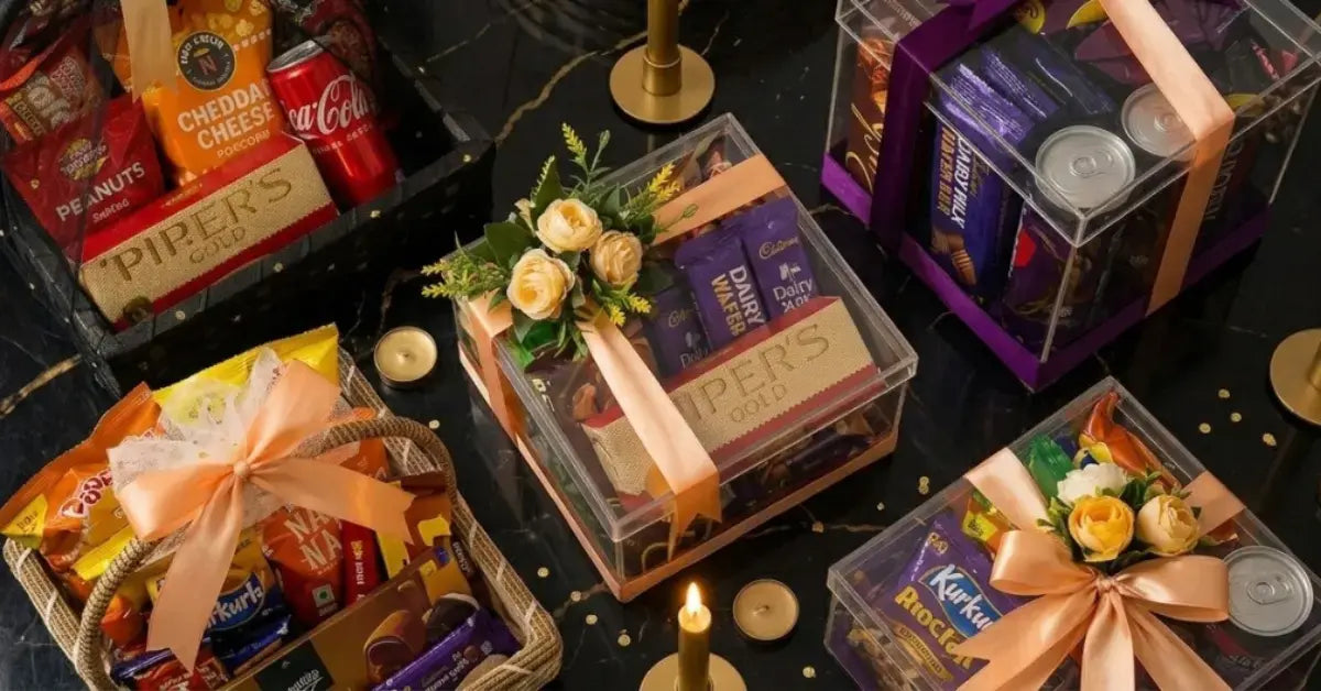 A professional showcase of premium personalized gift boxes and gourmet hampers, featuring clear acrylic packaging, elegant floral accents, and satin ribbons on a dark marble surface.