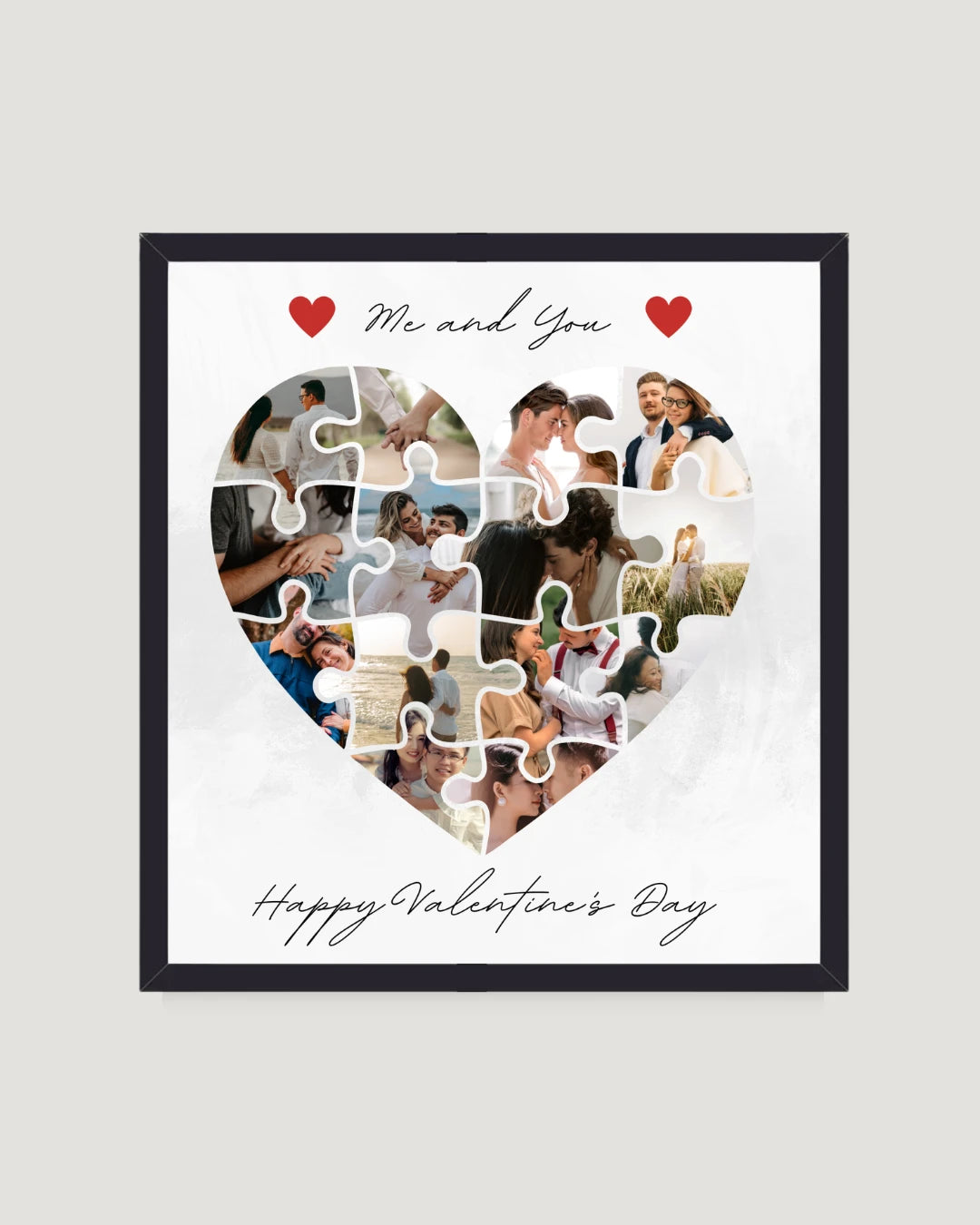 Heart puzzle photo collage frame Pakistan — white background with heart-shaped jigsaw photo collage and red hearts
