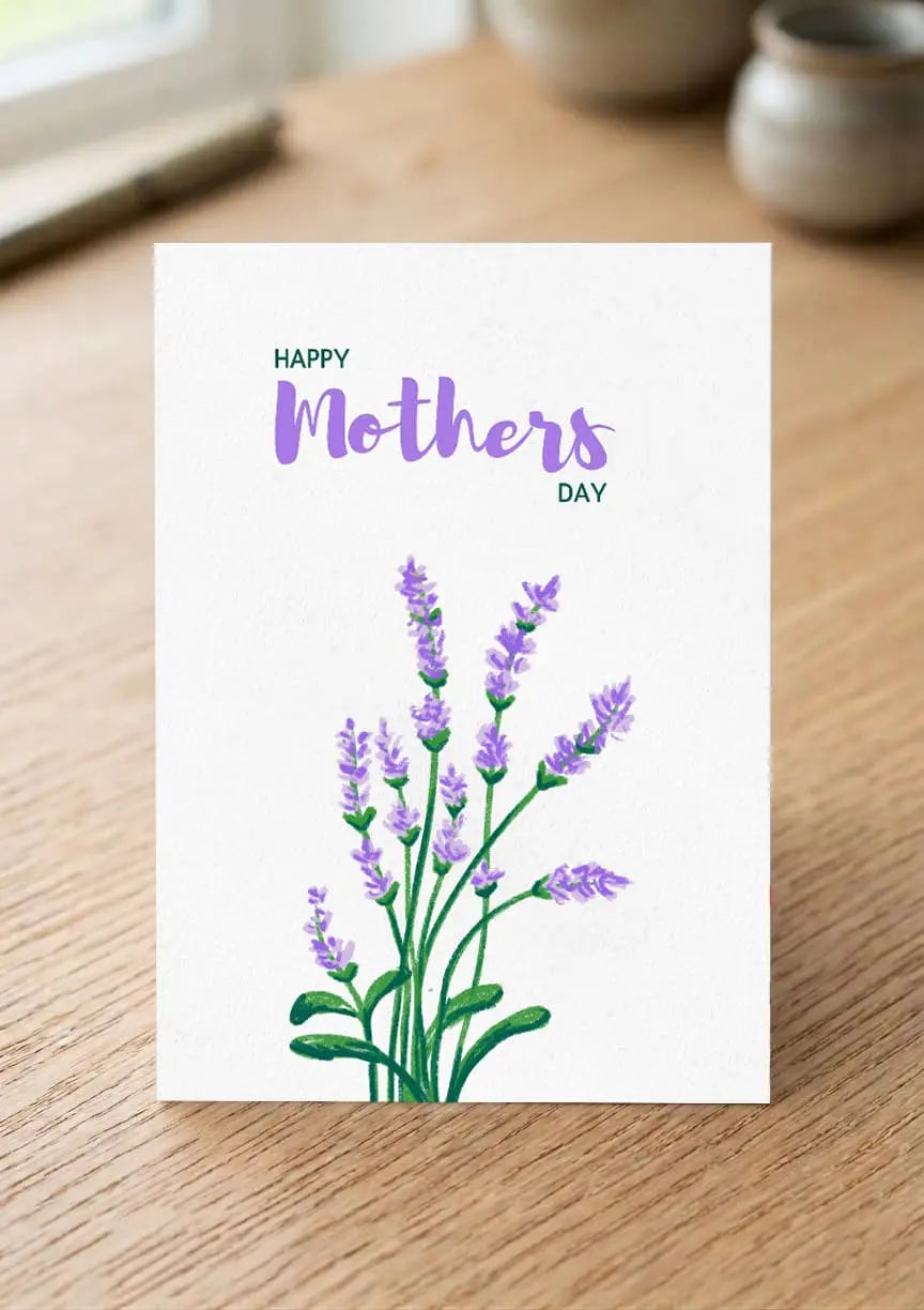 Mother's Day card with lavender design on a wooden surface
