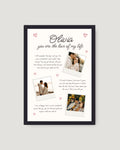 Minimal white love letter frame with 3 Polaroid couple photos and drawn red hearts — custom photo frame with love letter, Pakistan