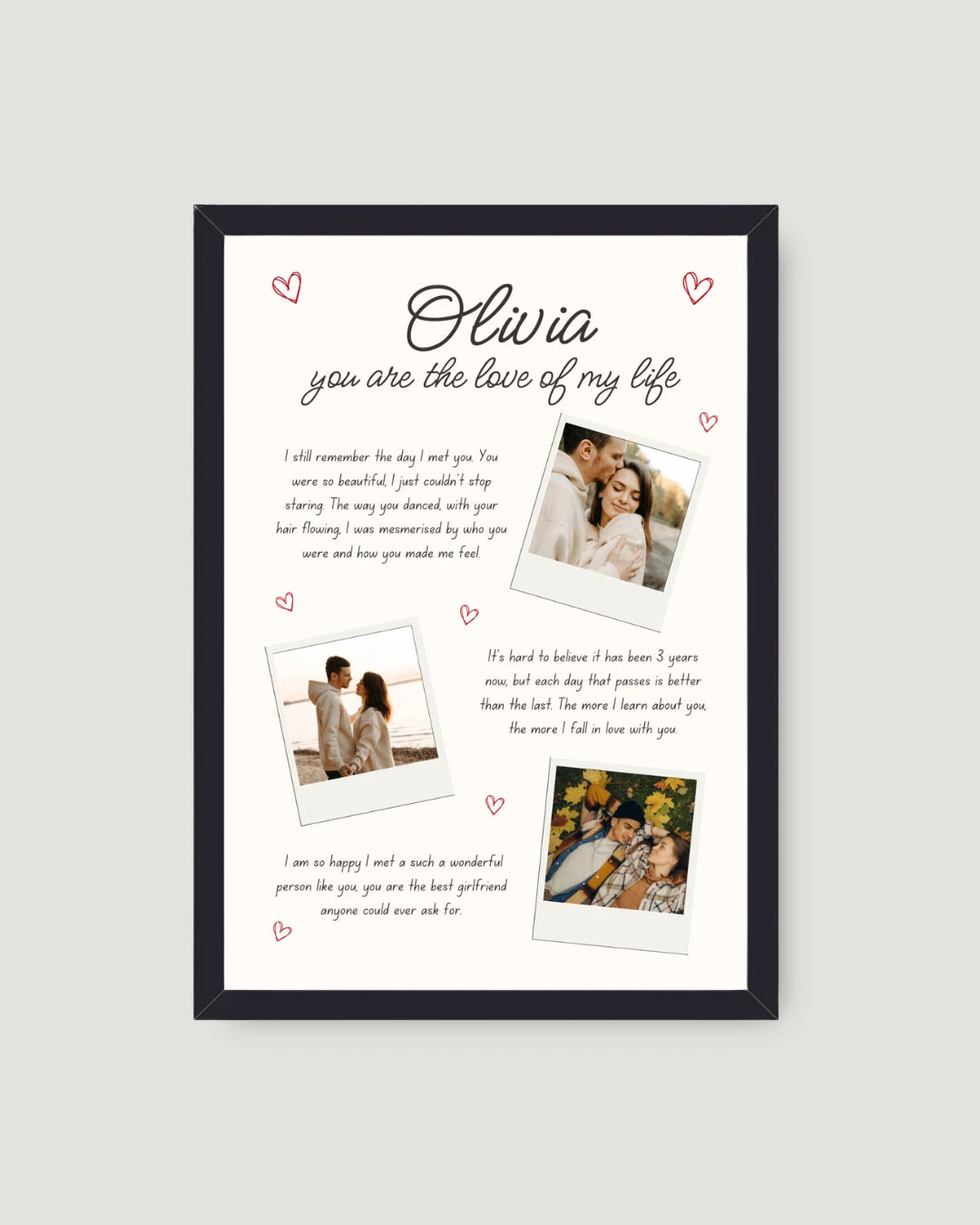 Minimal white love letter frame with 3 Polaroid couple photos and drawn red hearts — custom photo frame with love letter, Pakistan