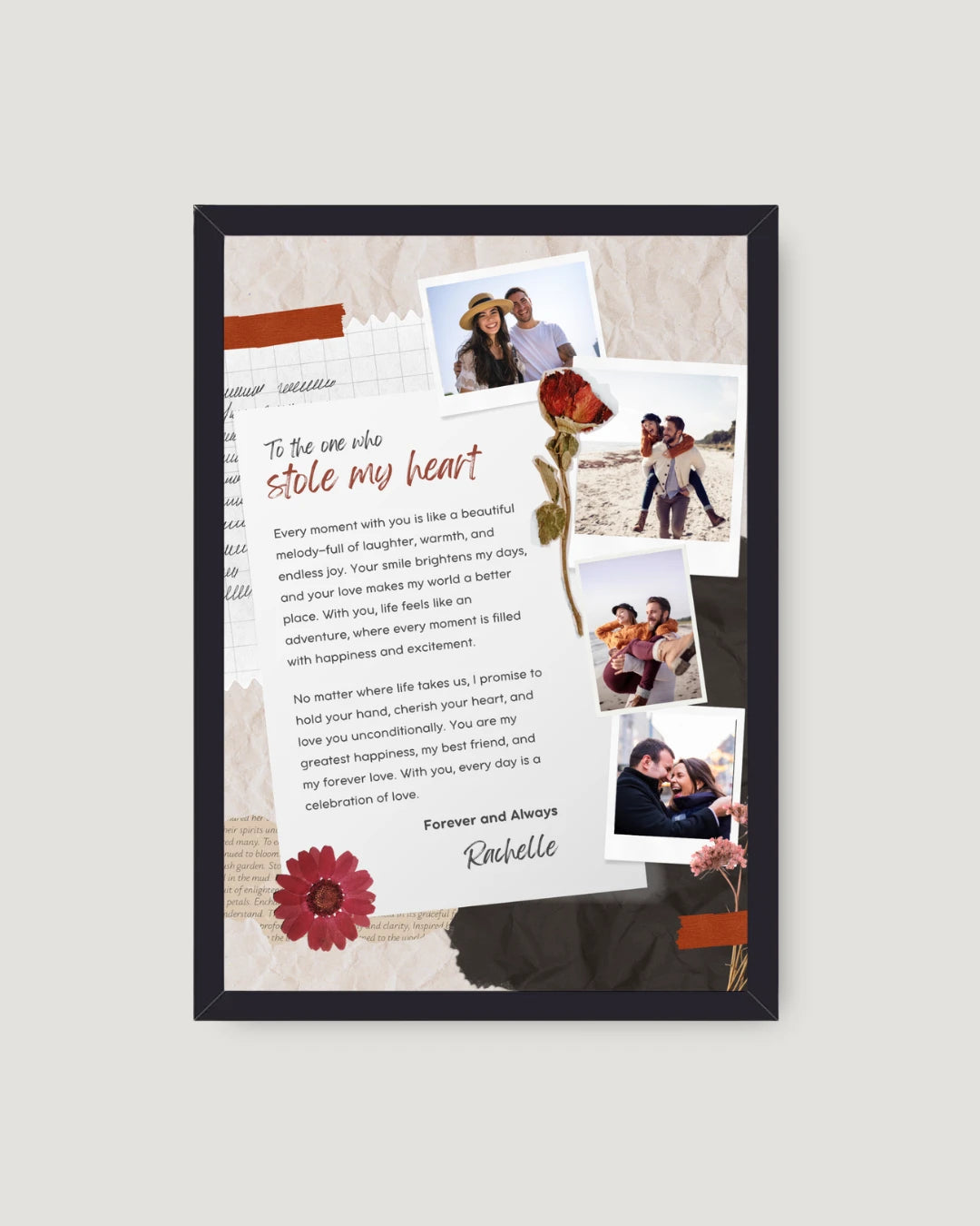 Moody botanical scrapbook love letter frame with 4 Polaroid couple photos and dried rose — romantic photo frame gift, Pakistan