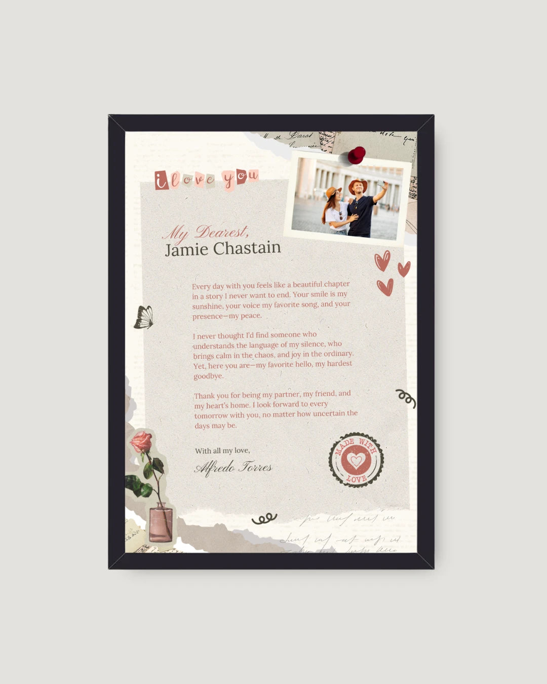 Soft pink scrapbook love letter frame with rose, butterfly, and couple photo — personalised romantic gift, Pakistan