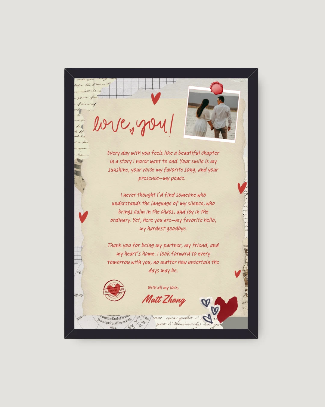 Vintage scrapbook love letter frame with red hearts, wax seal and couple photo — custom couples gift, Lahore, Pakistan