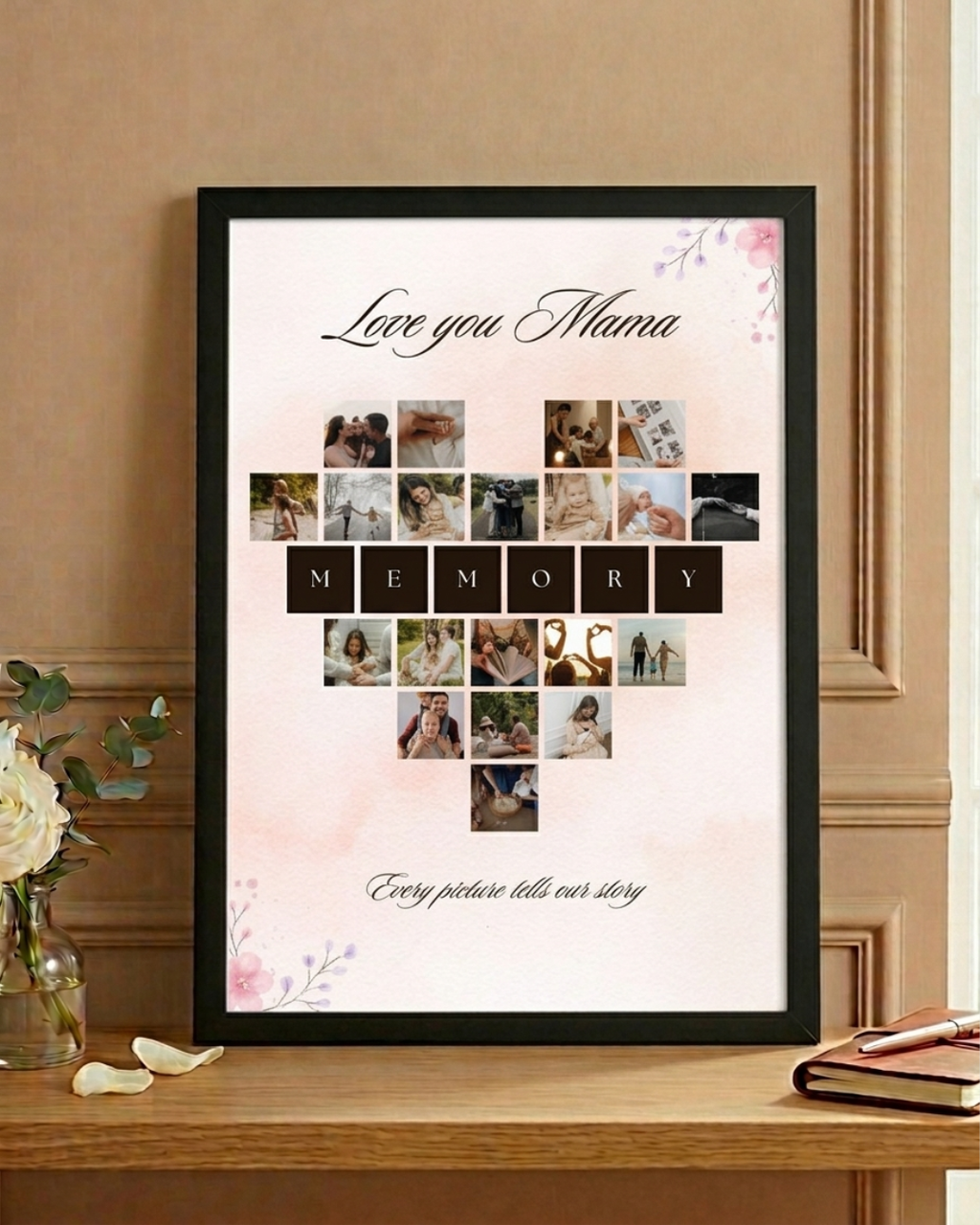 Love you Mama memory heart shaped 20-photo collage frame with MEMORY lettering and blush pink floral background personalised gift by The Love Language Pakistan