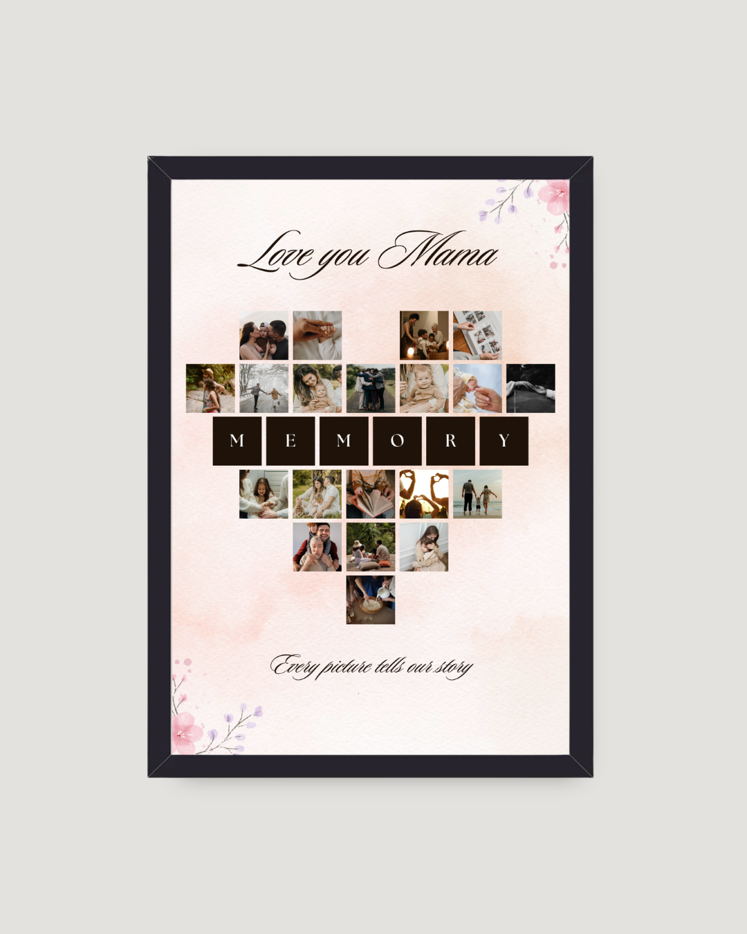 Love you Mama memory heart shaped 20-photo collage frame with MEMORY lettering and blush pink floral background personalised gift by The Love Language Pakistan