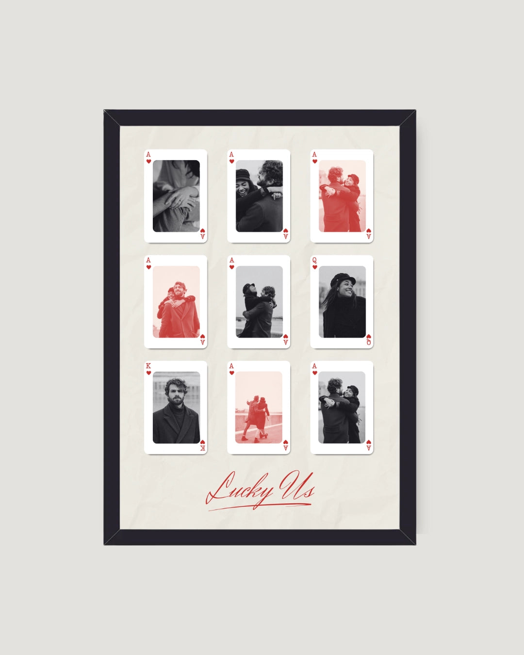 Lucky Us playing cards couple photo frame design 1 with 9 photos red black duotone personalised gift by The Love Language Pakistan