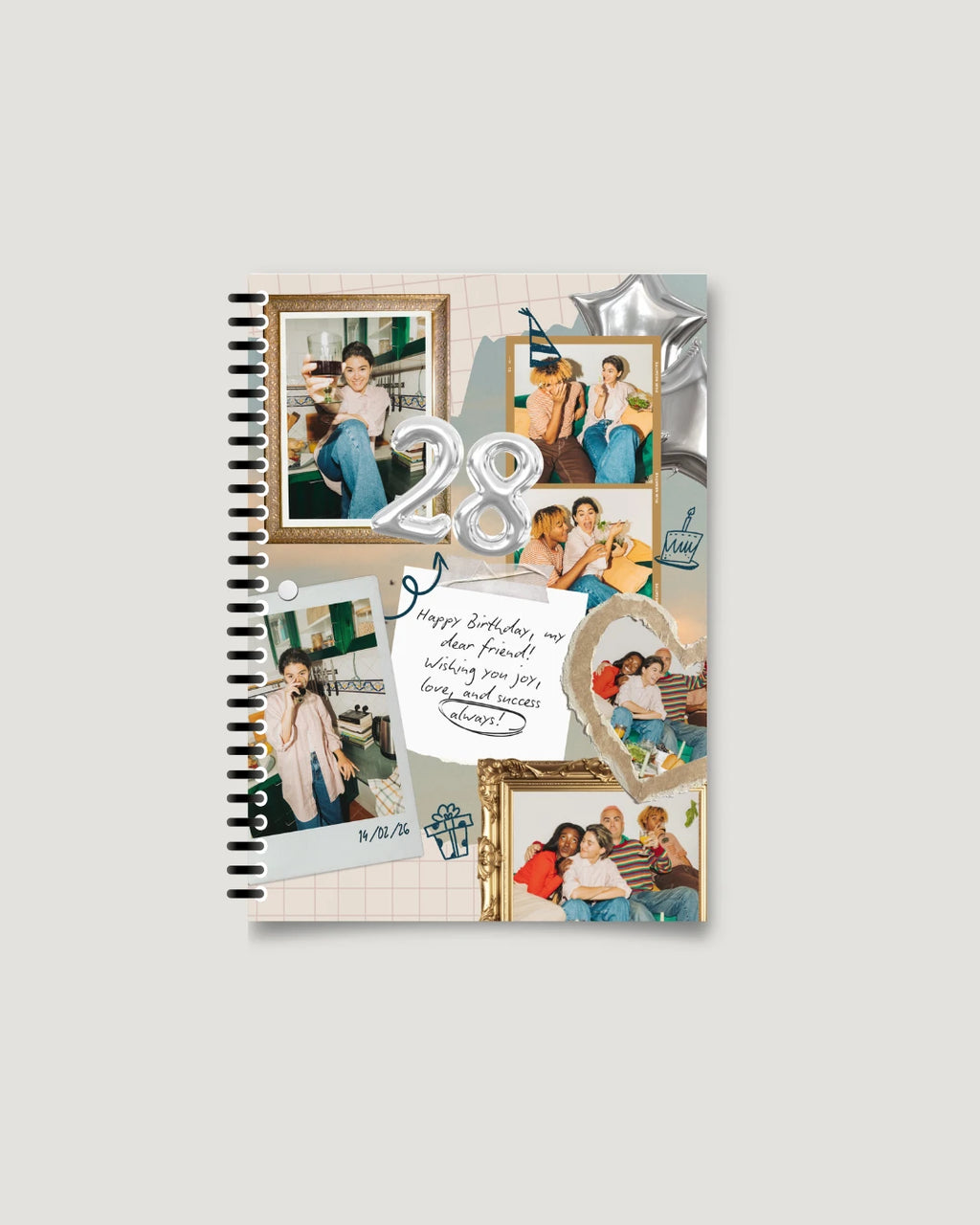 Warm-toned gold-framed photo collage with handwritten note — milestone 28th birthday photo notebook, Pakistan