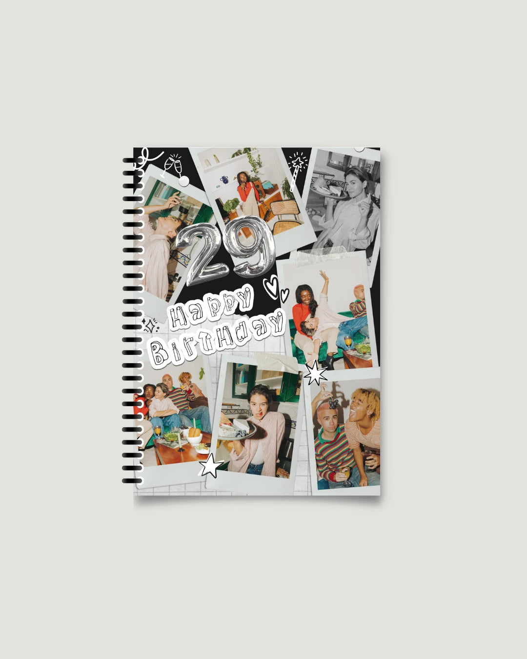 Black-and-white candid photo collage with metallic 29 balloon cover — milestone birthday photo notebook, Pakistan