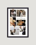 Minimal grid anniversary vertical photo frame Pakistan — 6 wedding photos in clean grid with gold accent dots
