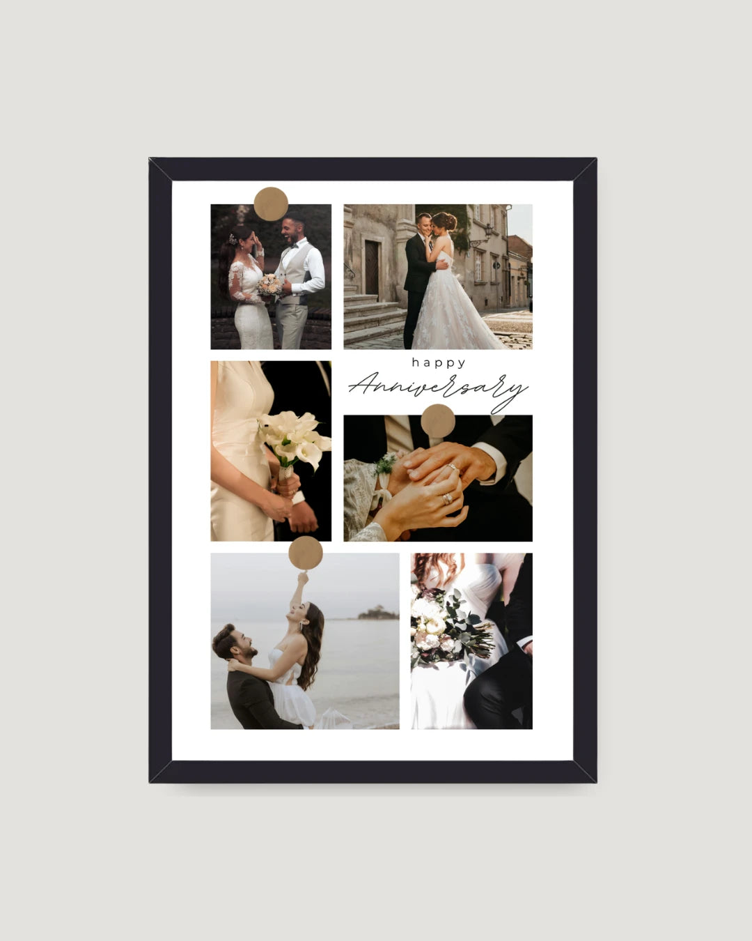 Minimal grid anniversary vertical photo frame Pakistan — 6 wedding photos in clean grid with gold accent dots