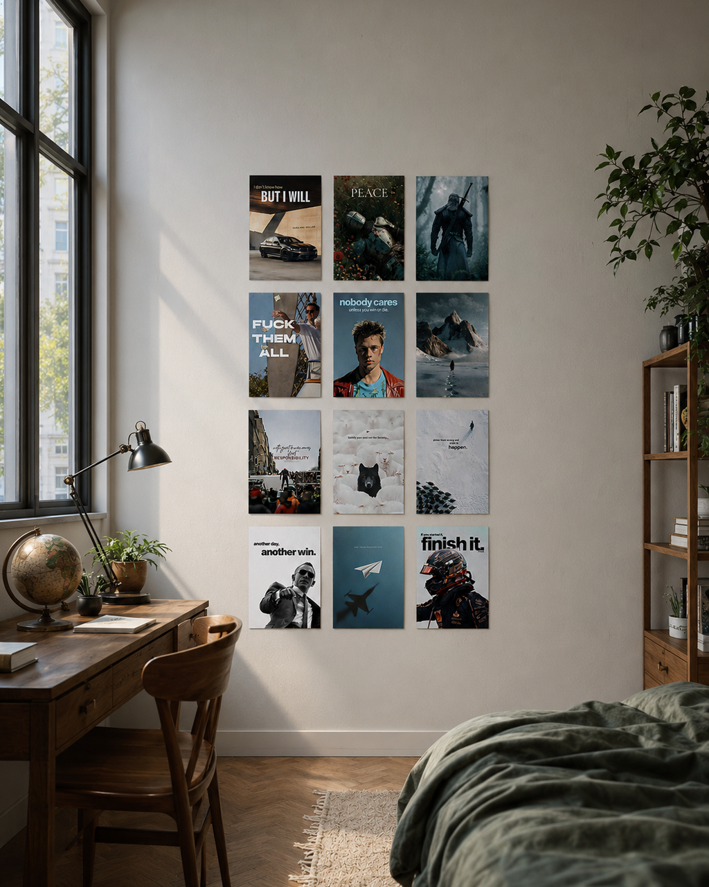 A 3×4 grid of motivational wall posters in a bedroom setting, featuring a mix of cinematic imagery and mindset quotes such as "But I Will," "Nobody Cares Unless You Win or Die," "Finish It," and "Another Day Another Win," in muted blue, grey, and white tones.