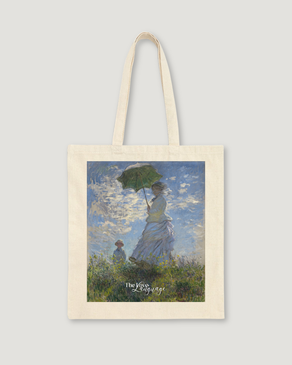 Natural canvas tote bag featuring Monet's Woman with a Parasol impressionist painting print by The Love Language Pakistan