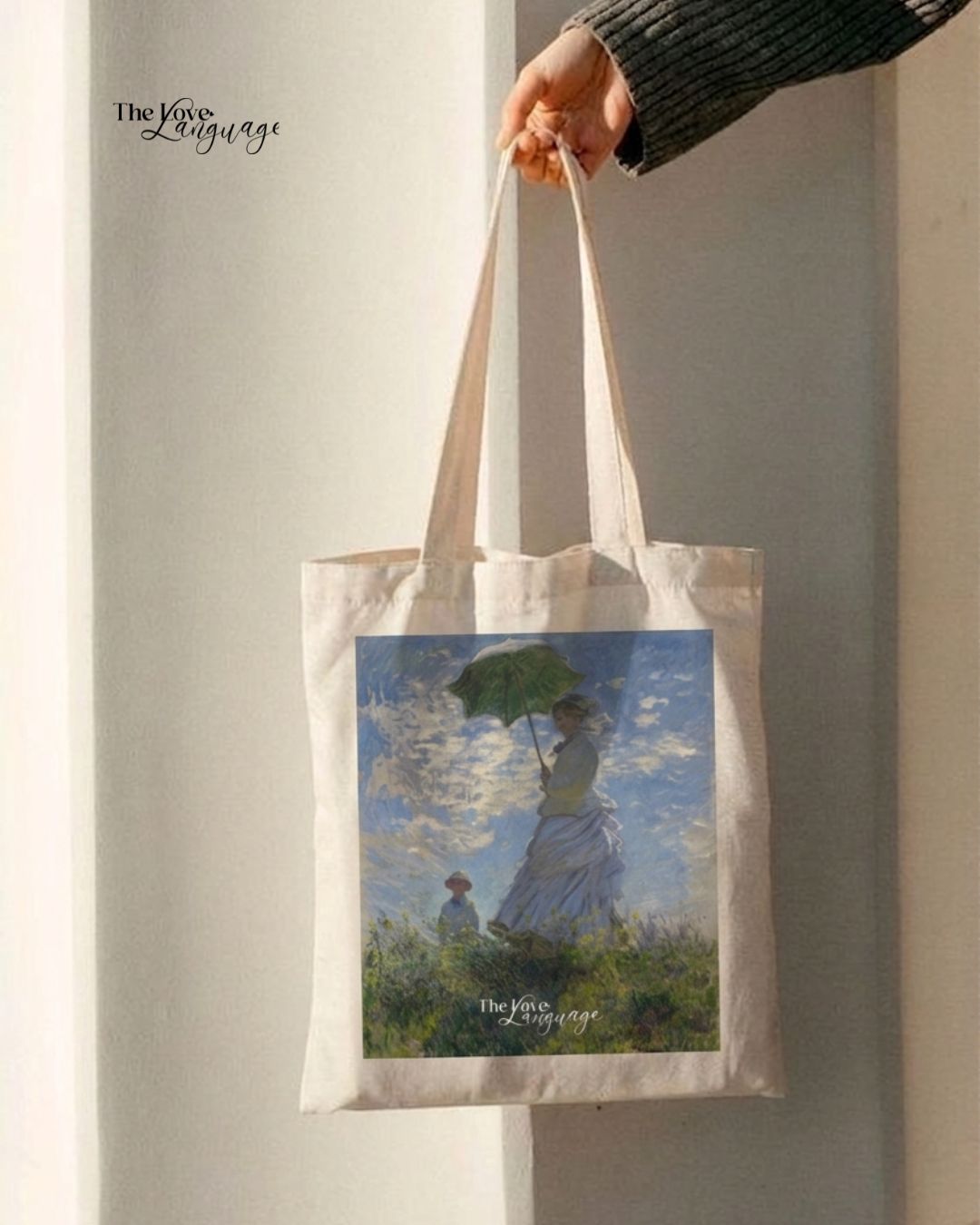 Natural canvas tote bag featuring Monet's Woman with a Parasol impressionist painting print by The Love Language Pakistan