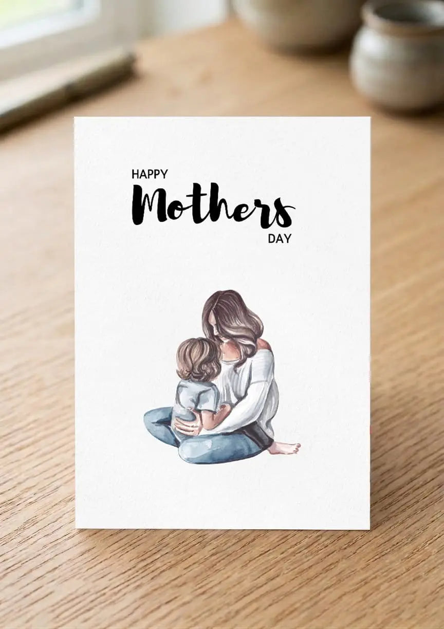Mother's Day card with illustration of a mother and child on a wooden surface