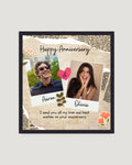 Newspaper collage happy anniversary photo frame Pakistan — torn newspaper background with two polaroid couple photos