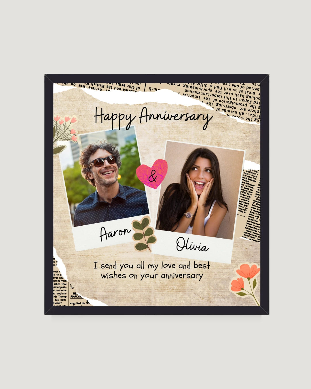 Newspaper collage happy anniversary photo frame Pakistan — torn newspaper background with two polaroid couple photos