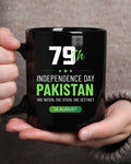Black mug with bold '79th Independence Day Pakistan — One Nation, One Vision, One Destiny' — 14 August Pakistan Independen