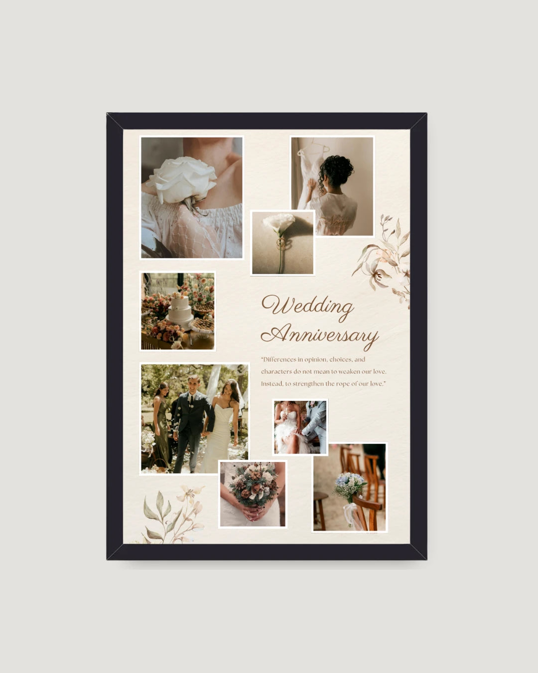 Organic collage wedding anniversary photo frame Pakistan — scattered 8 photos on cream background with botanical accents