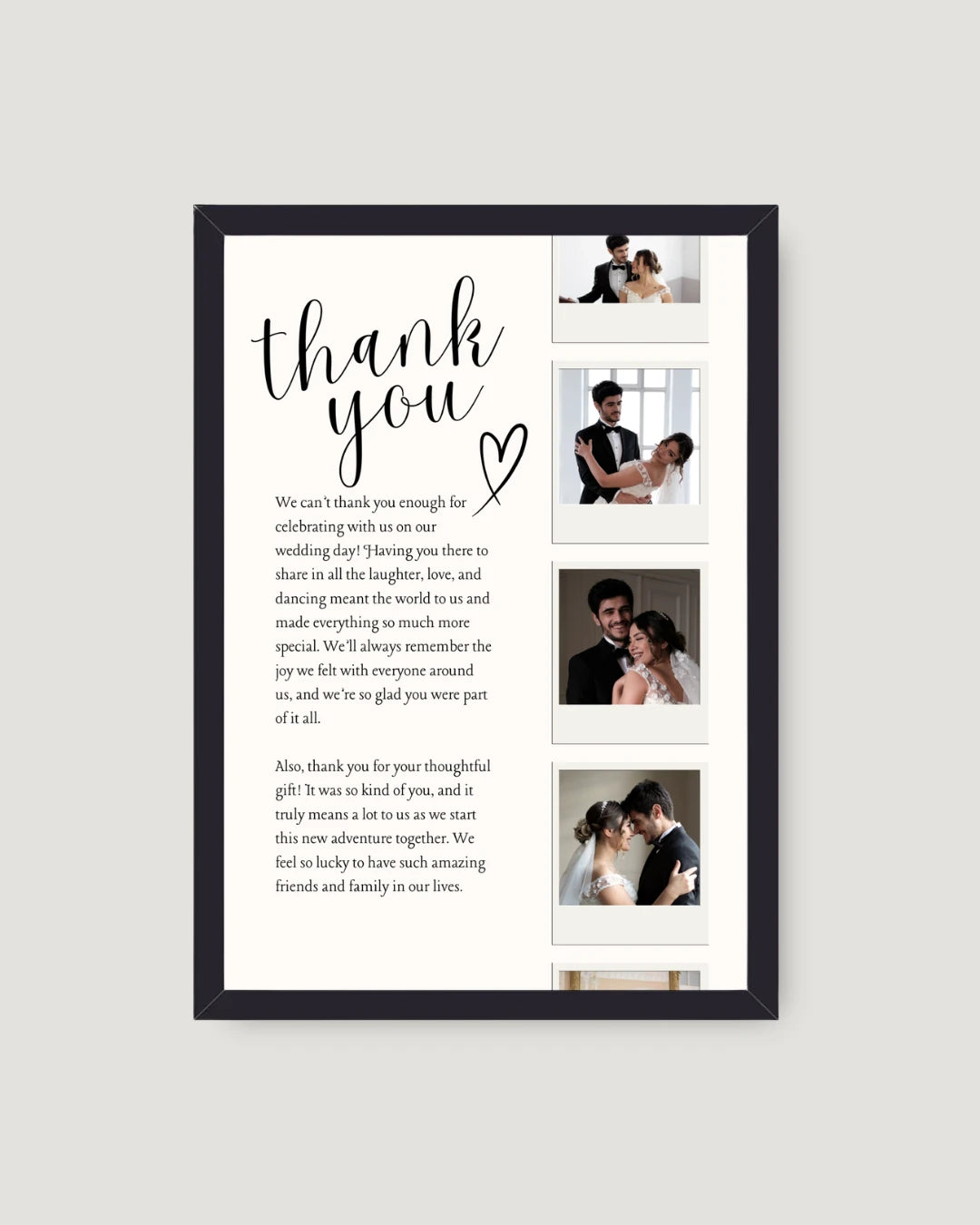 Clean black frame with thank you script and 5 couple Polaroid photos — personalised love letter frame, Pakistan