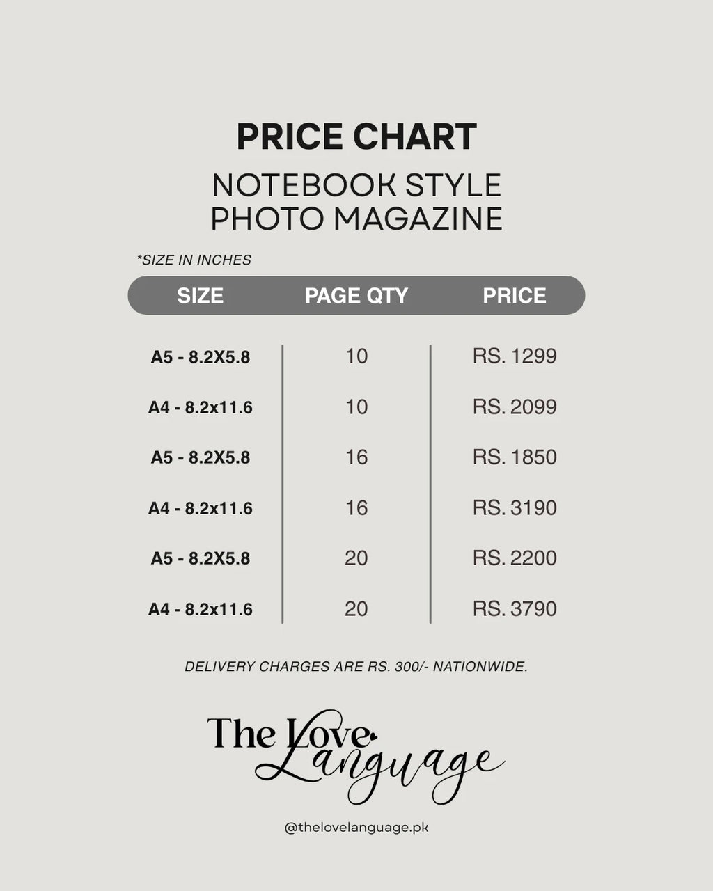 Photo magazine notebook pricing chart – A5 and A4 sizes, 10, 16, and 20 page options, Pakistan