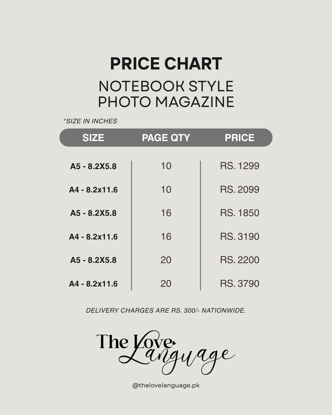 Photo magazine notebook pricing chart – A5 and A4 sizes, 10, 16, and 20 page options, Pakistan
