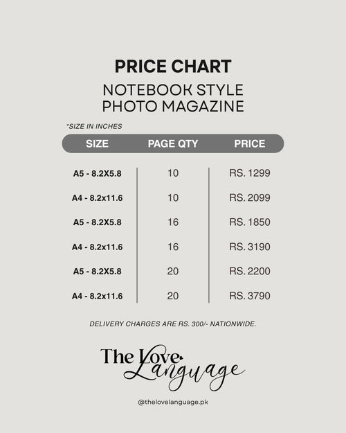 Photo magazine notebook pricing chart – A5 and A4 sizes, 10, 16, and 20 page options, Pakistan
