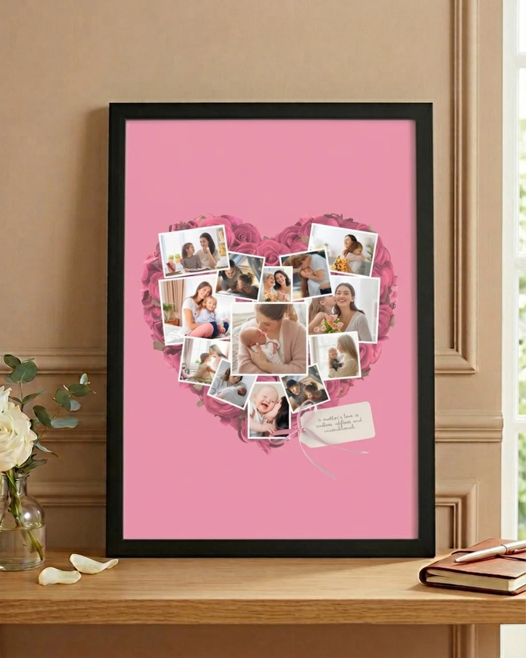 Framed heart-shaped photo collage on a pink background