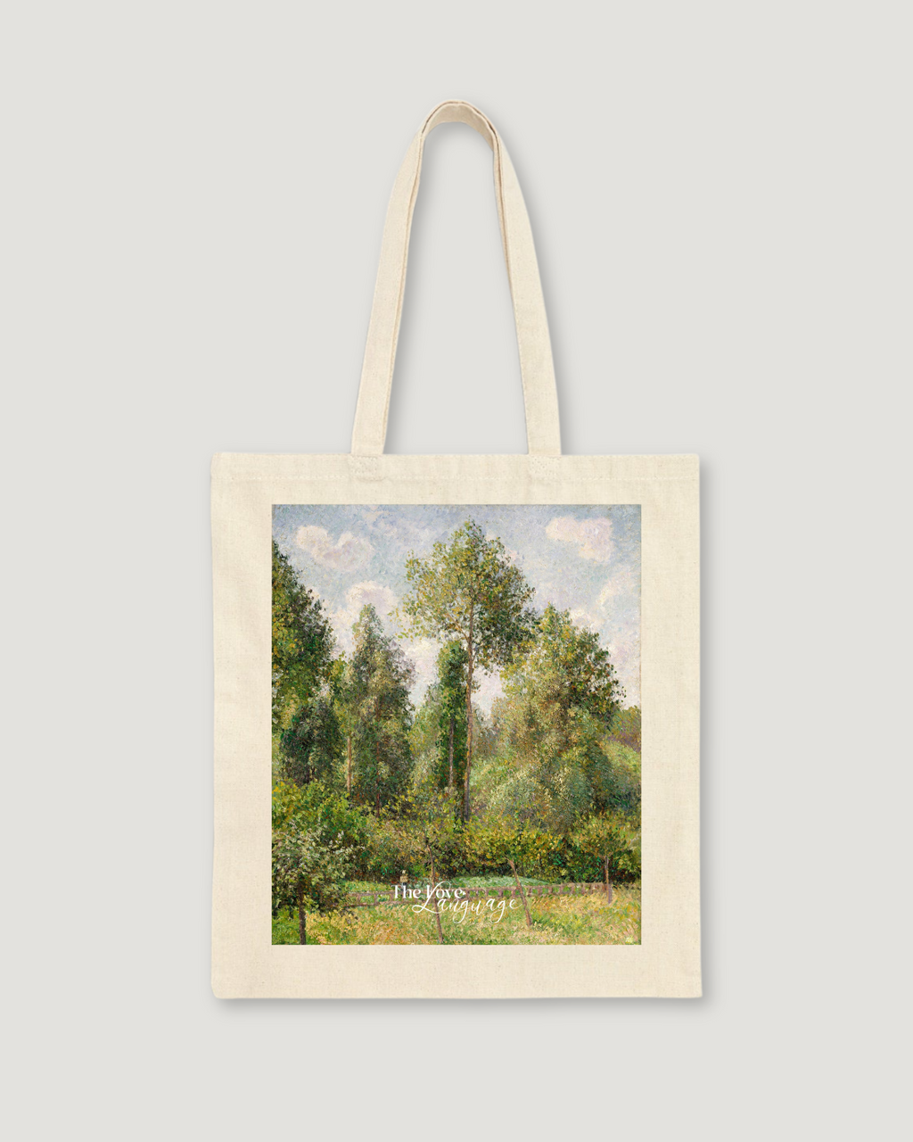 Natural canvas tote bag with Pissarro's Poplars in Summer impressionist painting in lush green tones by The Love Language Pakistan