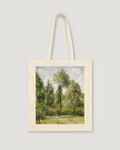 Natural canvas tote bag with Pissarro's Poplars in Summer impressionist painting in lush green tones by The Love Language Pakistan