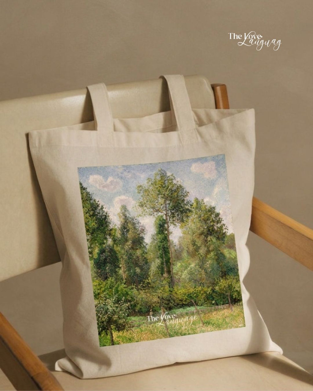 Natural canvas tote bag with Pissarro's Poplars in Summer impressionist painting in lush green tones by The Love Language Pakistan