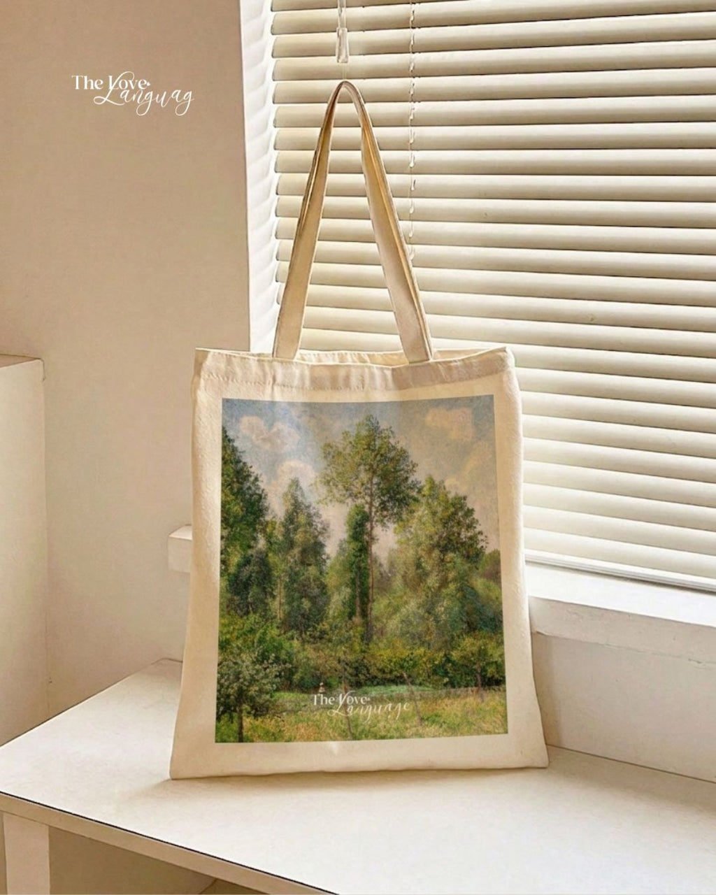 Natural canvas tote bag with Pissarro's Poplars in Summer impressionist painting in lush green tones by The Love Language Pakistan