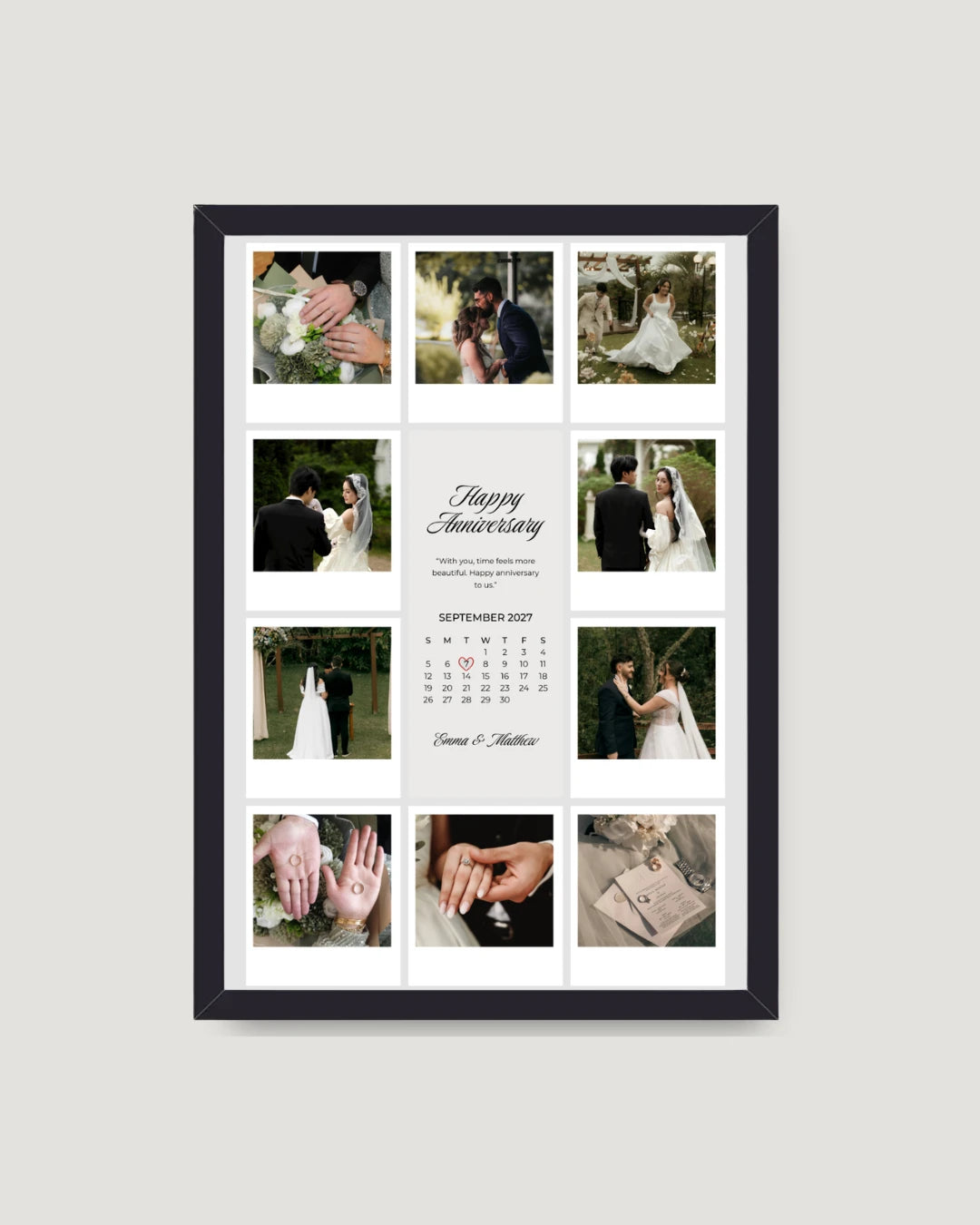 Polaroid grid calendar anniversary photo frame Pakistan — 8 photos with highlighted date and couple names