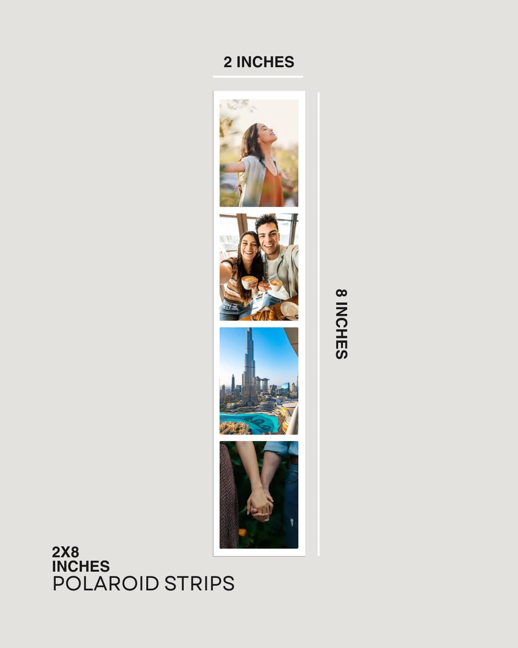 Polaroid strips with different sizes displayed on a gray background
