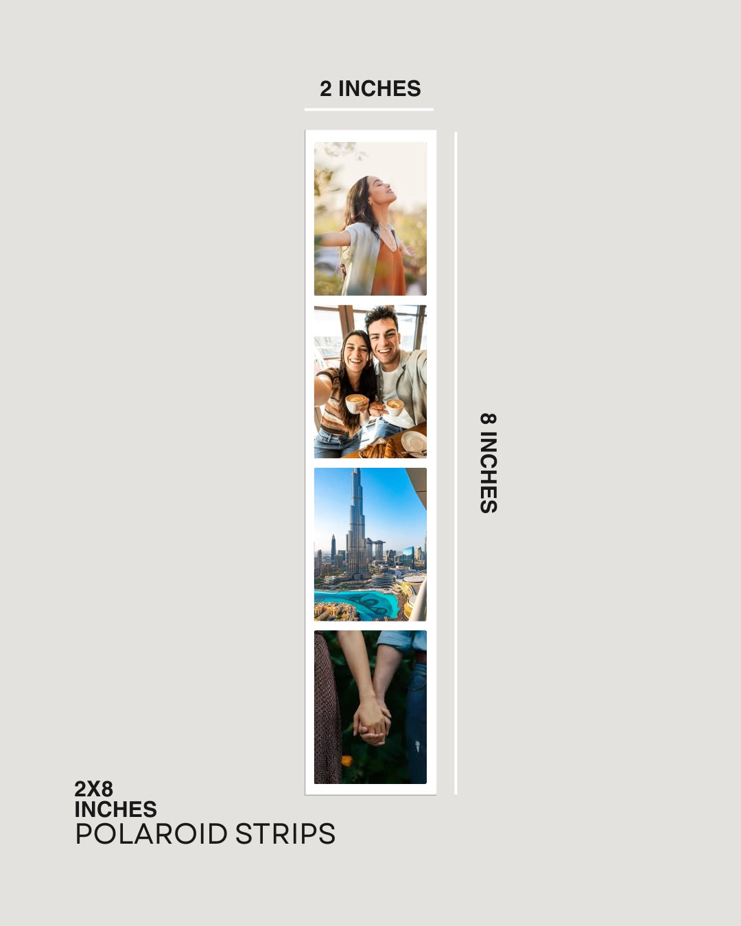 Polaroid strips with different sizes displayed on a gray background