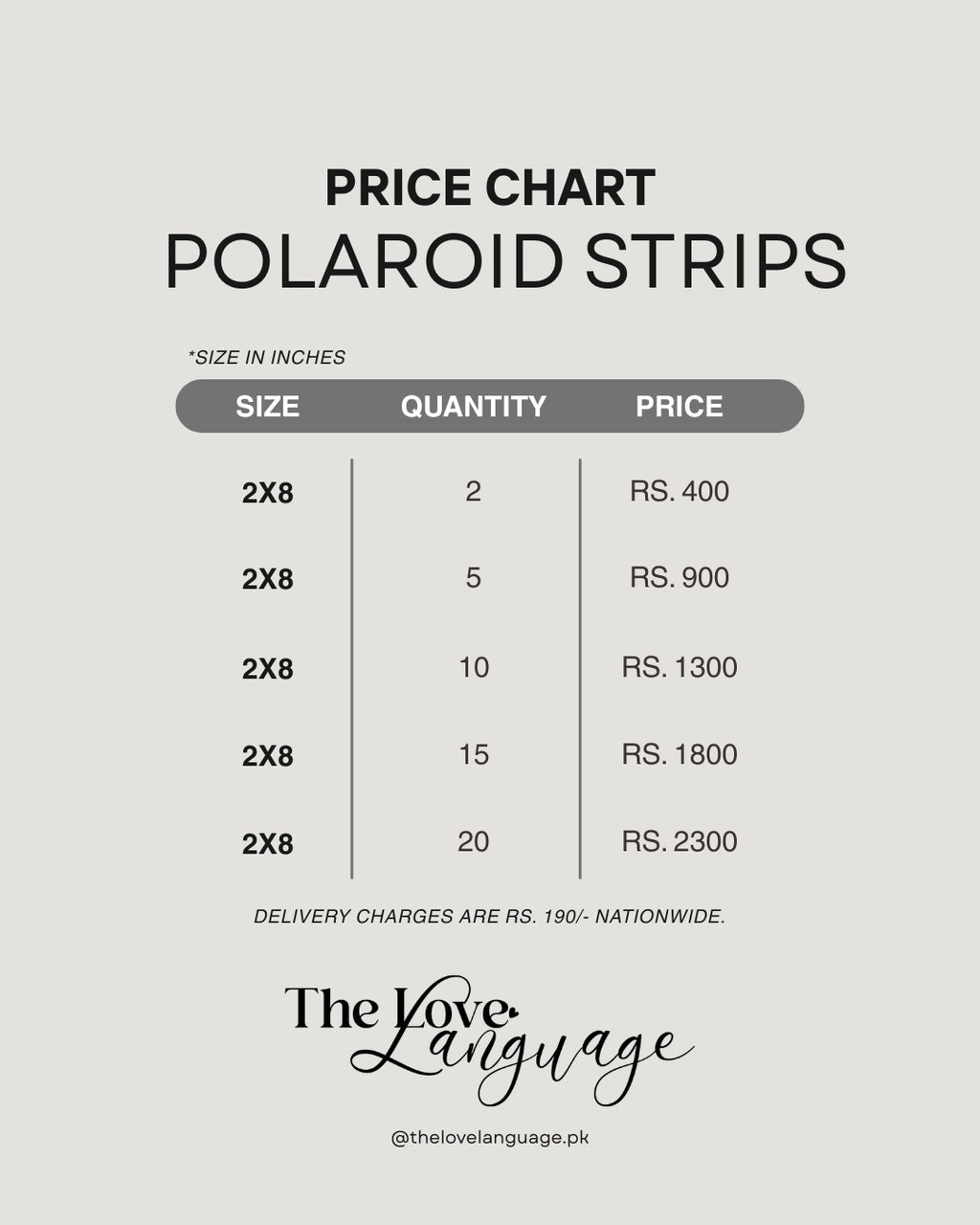 Solo polaroid prints price chart Pakistan free bonus prints Rs.400 to Rs.3100 by The Love Language