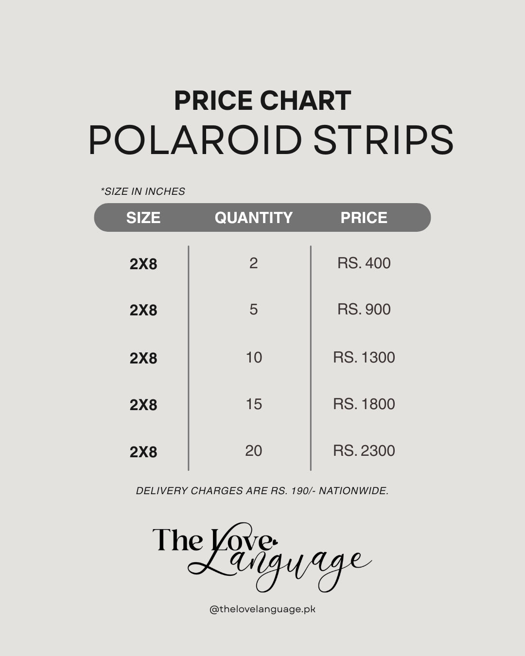 Solo polaroid prints price chart Pakistan free bonus prints Rs.400 to Rs.3100 by The Love Language